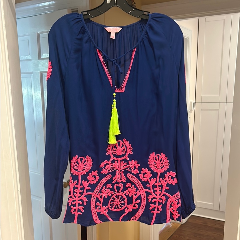 Lilly Pulitzer Navy Blouse with Neon Pink Embroidery